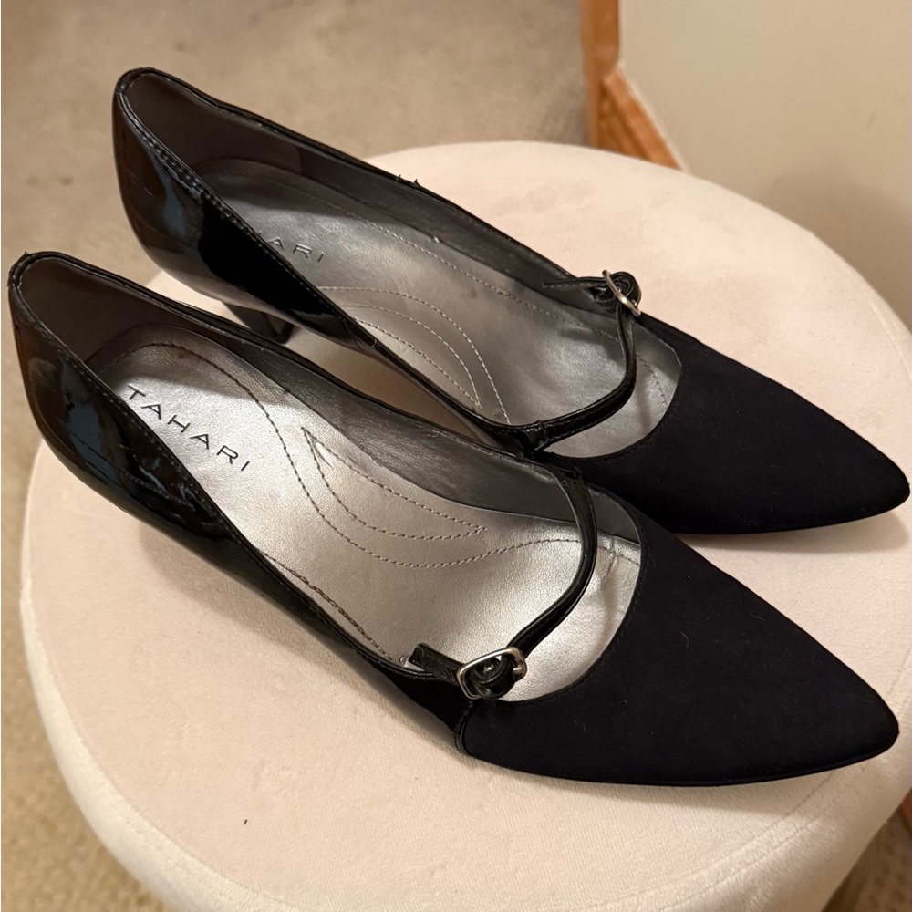 Tahari Black Fabric/Patent Heels